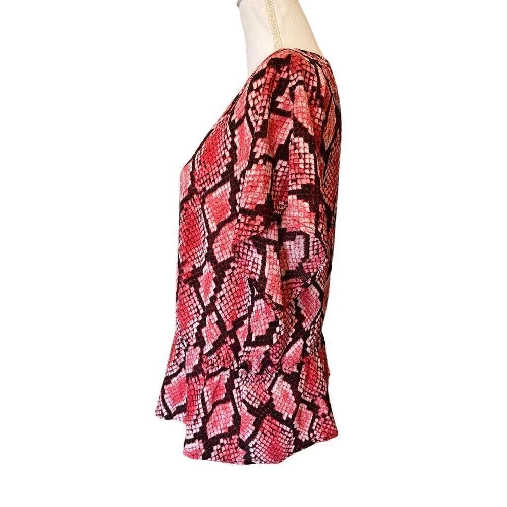 Michael Kors Top S Red Black Snake Print Shirt Blouse Flutter Sleeve Drawstring